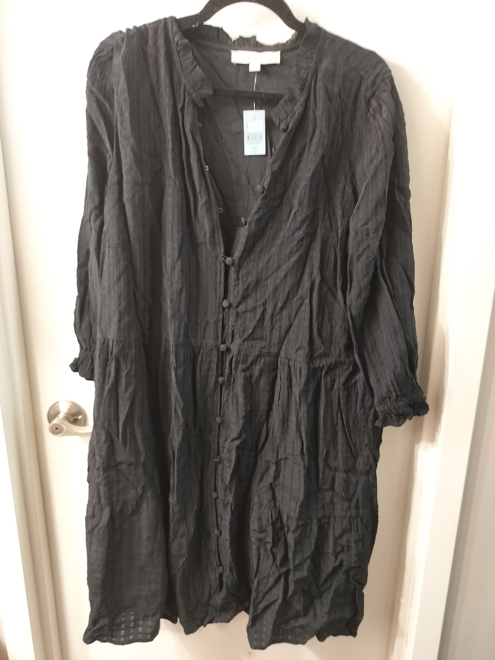 Loft Black Button-Front Crinkle Cotton Shirt Dress